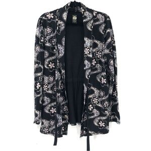 VINTAGE LUCKY BRAND Floral Butterfly Knit Open Sweatshirt 100% Cotton L BlackVTG